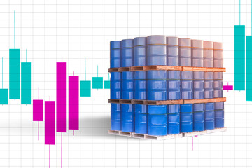 Obraz premium Schedule. Blue barrels as a symbol of oil production. Change in prices on the hydrocarbon market. Concept - graph of the price of Brent crude oil. Concept - market reaction to OPEC negotiations