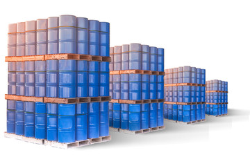 A warehouse in which oil is stored. Reserve storage of petroleum products. Stocks of oil products in case of crisis. Blue barrels on a white background. Blue barrels are stored in several levels.