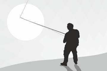 Silhouette of a fisherman with a backpack and spinning. A fisherman catches a fish