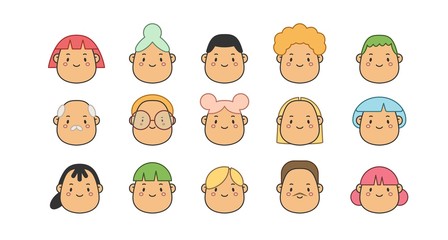 Comic Face avatars. Men and Women. Various Haircuts. Minimalistic icons. Colored Vector set. Head with wide chin. Egg shaped faces. Cartoon Asian style. Simple cute design. Every icon is isolated