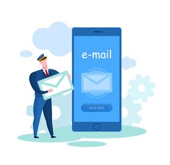 Uniform Postman with Letter near Smartphone E-Mail. Advertising Image with Text. Vector Illustration. Sale and Shopping. Online Mail Delivery. Man with Envelope in Hands. Monitor Screen.