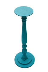 Blue vase stand made of natural wood on a white background. Isolated.