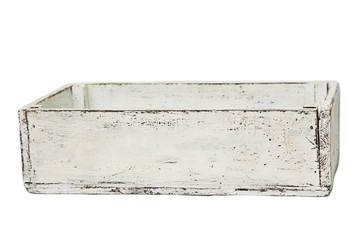 White retro wooden box painted white. Peeling paint on the box. Isolated.