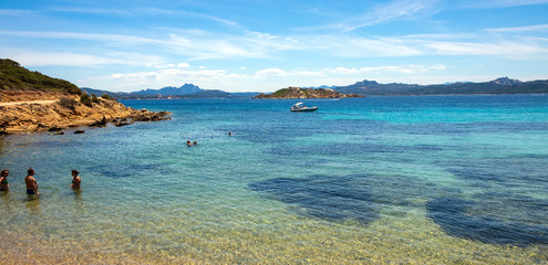 Caprera Island and Spiaggia di Cala Portese harbor at the Tyrrhenian Sea coastline with Isola Porco...
