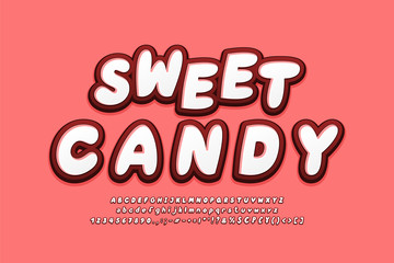 Sweet candy alphabet 3d fonts white red colors. Bold Italic typeface, uppercase and lowercase letters, numbers, symbols. Vector illustration