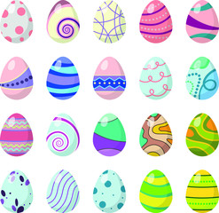 Colorful Easter eggs set. Cute Hand drawn Happy Easter vector illustration. Collection of painted Easter eggs for postcards, greetings, invitations. Design elements for Easter holidays, celebrations.