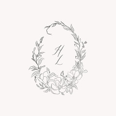 line drawing vector floral wreath, oval frame with hand drawn magnolia flowers, branches, leaves, plants, herbs. Botanical illustration. Leaf logo. Wedding invitation, monogram © Vector Queen