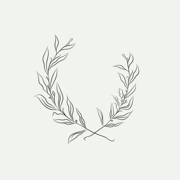 line drawing vector floral wreath, frame with hand drawn flowers, branches, leaves, plants, herbs, laurels. Botanical illustration. Leaf logo. Wedding invitation, monogram