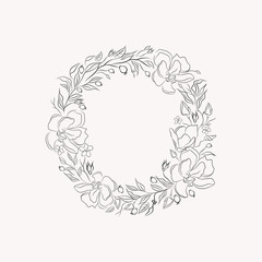 line drawing vector floral wreath, opulent round frame with hand drawn magnolia flowers, branches, leaves, plants, herbs. Botanical illustration. Leaf logo. Wedding invitation, monogram