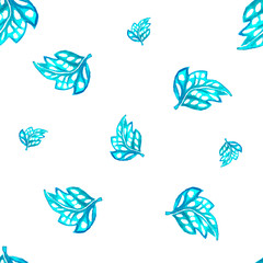 Blue fantasy leaves on a white background. Freehand watercolor painting. Delicate design for fabric Описание (на английском языке)99