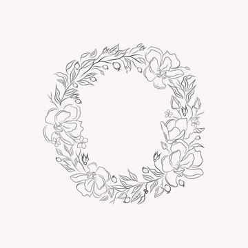 line drawing vector floral wreath, opulent round frame with hand drawn magnolia flowers, branches, leaves, plants, herbs. Botanical illustration. Leaf logo. Wedding invitation, monogram