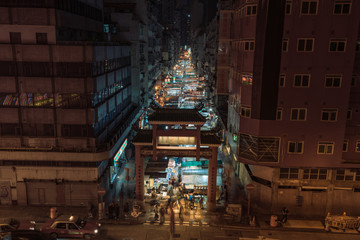 Hong Kong Traditional Street, Temple Street Night Market, Aerial view of the Night