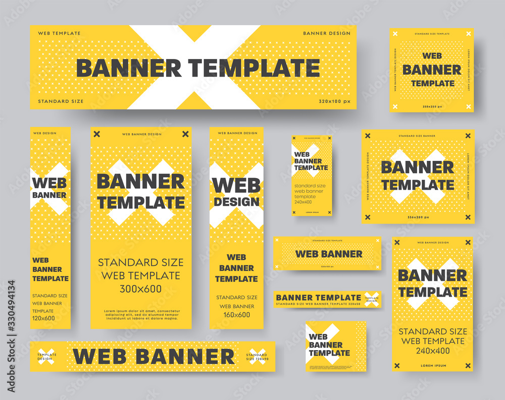 Aufkleber set of yellow vector web banner templates with white cross and black text.