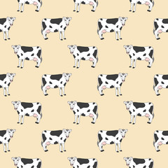 Seamless pattern with cow, farm (domestic) animal isolated on creame background. Cute print with colored graphic elements for textile, fabric, wrapping paper, scrapbooking, web design