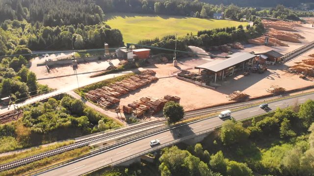 Factory sawmill forest mountains road aerial