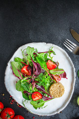 Healthy quinoa salad leaves mix (mix micro greens, cucumber, tomato, other ingredients) menu concept background. top view. copy space for text