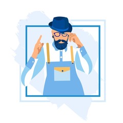 Professional Bearded Man Barber Wearing Apron and Hat Posing with Index Finger Up in Barbershop. Hairdresser Waiting Customer for Hair Cut and Styling in Beauty Salon. Cartoon Flat Vector Illustration