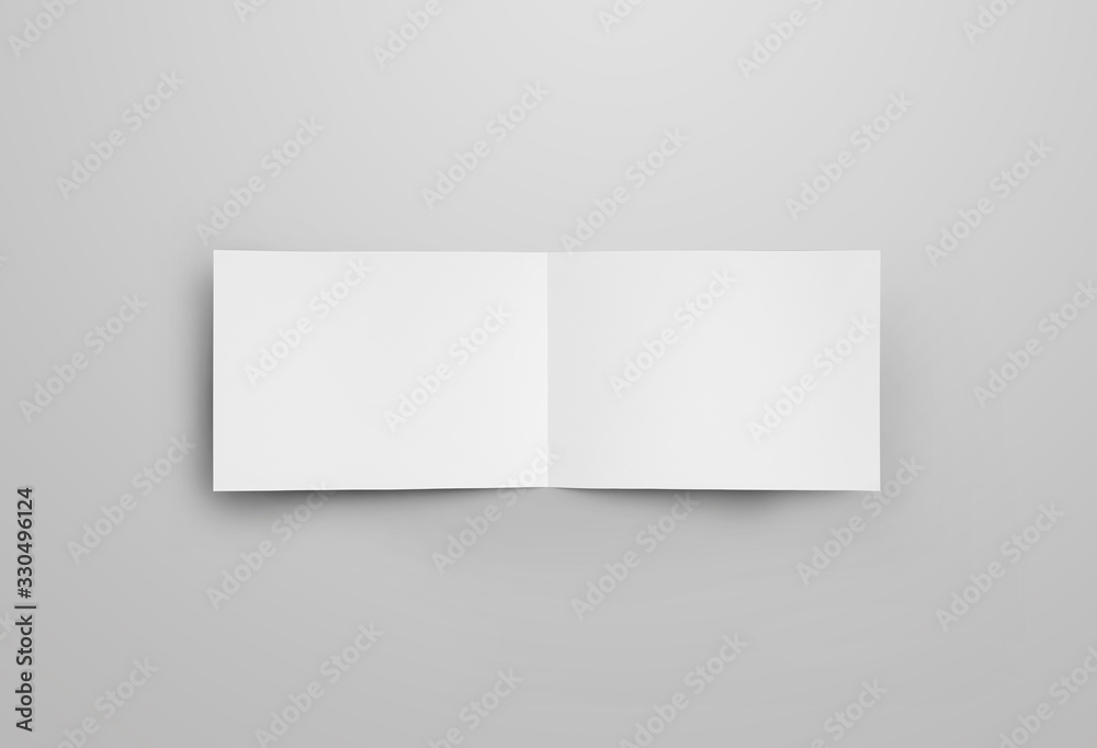 Poster horizontal paper open bifold, for design presentation. mockup of white blank booklet isolated on gra