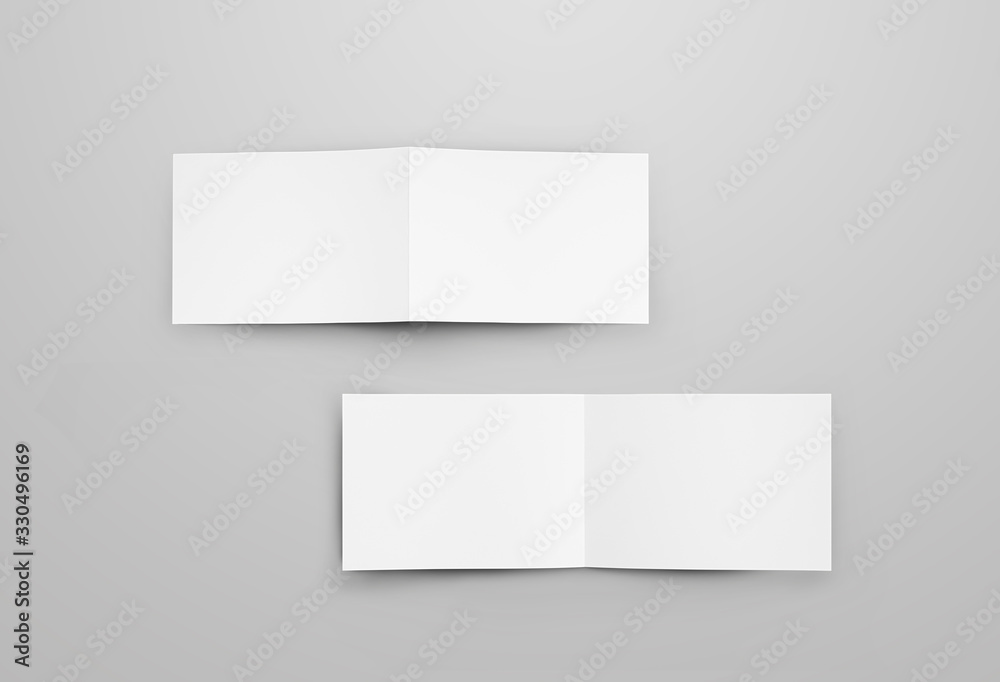 Poster Mockup of two horizontal open bifolds with realistic shadows. White blank brochure for design presentation.