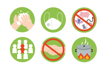 Icon of Coronavirus (COVID-19) preventions. corona virus outbreak. wash hands, wear face mask, eat hot foods and avoid going risk places. Health and Medical. Vector illustration.