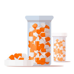 Capsules pouring out of the pill bottle into the lid. Medicine pharmacy concept. Vector flat isolated on white.