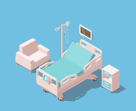 Vector Isometric Hospital Bed With Medical Equipments. Isolated Background.