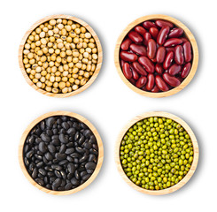 Collection of mix bean ( red kidney, green mung, black bean, soy beans ) in wooden bowl isolated on...