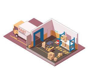 Vector isometric warehouse . Illustration include delivery truck, pallets, boxes, forklift and pallet jack. Storage icon. Isolated on white.