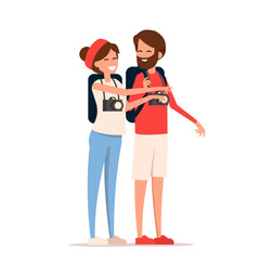 Young couple family at trip. Tourist characters. Vacation people. Character design. Vector flat isolated on white.