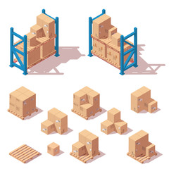 Warehouse shelving, boxes and pallets. Vector isometric storehouse equipment set. Isolated on white background.