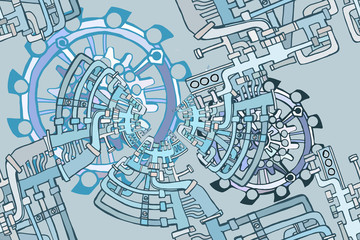 Abstract industrial illustration with fictional gearwheels and abstract details of machines featuring retro technology or steampunk concept. Hand drawn.