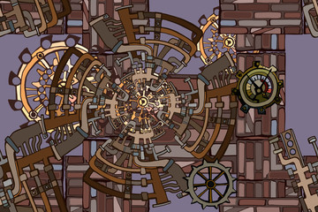 Abstract industrial illustration with fictional gearwheels and abstract details of machines featuring retro technology or steampunk concept. Hand drawn.