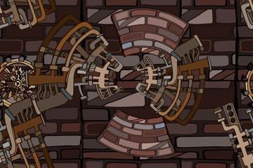 Abstract industrial illustration with fictional gearwheels and abstract details of machines featuring retro technology or steampunk concept. Hand drawn.