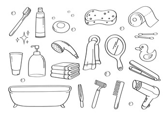 Cute doodle bathroom accessories cartoon icons and objects.