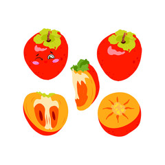 Collection of vector illustrations of persimmon whole, half and slices in a flat style. Set of juicy persimmons on a white background for design.