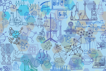 Physics or chemistry abstract illustration with decorative lab beakers, flasks, diagrams and oscilloscope. Hand drawn.