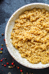 Cooked quinoa, boiled cereal porridge (healthy diet eating) menu concept background. top view. copy space for text