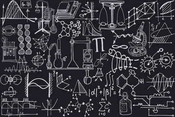 Physics or chemistry abstract illustration with parts of decorative tools and diagrams on black board. Hand drawn.