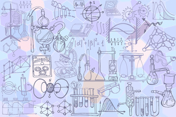 Physics or chemistry abstract illustration with parts of decorative tools and diagrams on   white board. Hand drawn.