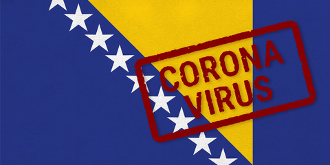 Flag of Bosnia and Herzegovina on paper texture with stamp, banner of Coronavirus name on it. 2019 - 2020 Novel Coronavirus (2019-nCoV) concept, for an outbreak occurs in the Bosnia and Herzegovina.