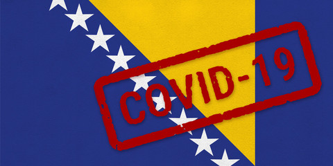 Flag of Bosnia and Herzegovina on paper texture with stamp, banner of Coronavirus name on it. 2019 - 2020 Novel Coronavirus (2019-nCoV) concept, for an outbreak occurs in the Bosnia and Herzegovina.