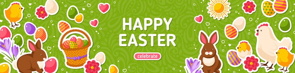 Happy Easter Green Horizontal Banner. Vector Illustration. Spring Holiday Background, Place for Text. Flat Icons - Chicken, Rabbit, Flowers and Eggs