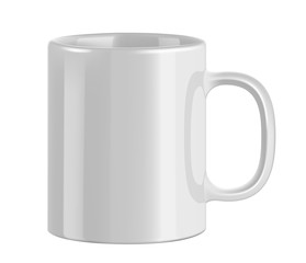 White ceramic mug. Cup on transparent background. Realistic style. 3D style.