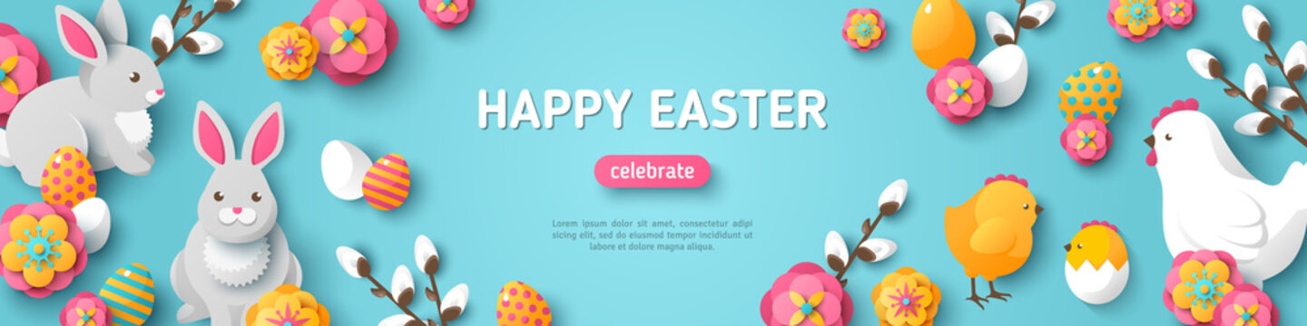 Happy Easter Blue Horizontal Banner. Vector Illustration. Spring Holiday Background, Place for Text. Flat Icons - Chicken, Rabbit, Flowers and Colorful Eggs