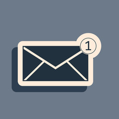 Black Envelope icon isolated on grey background. Received message concept. New, email incoming message, sms. Mail delivery service. Long shadow style. Vector Illustration