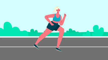 Fototapeta na wymiar Woman dressed in sportswear running through park. Morning jogging. Active and healthy lifestyle. Sports competition, outdoor workout or exercise, athletics. Flat cartoon colorful vector illustration.
