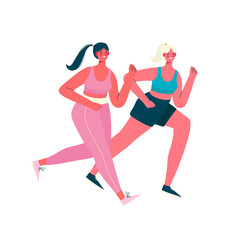 Fototapeta na wymiar Running women dressed in sportswear isolated on a white background.Morning jogging. Active and healthy lifestyle. Sports competition, outdoor workout or exercise, athletics. Flat vector illustration.