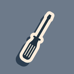 Black Screwdriver icon isolated on grey background. Long shadow style. Vector Illustration