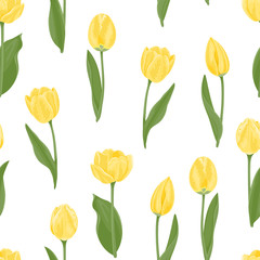 Yellow tulips seamless pattern. Vector floral background with spring flowers. Cartoon illustration of bright beautiful flowers with green leaves and stems isolated on white. Cartoon flat style.