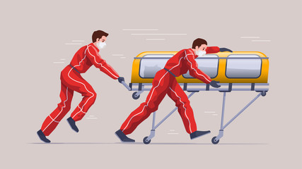 Obraz premium Paramedic workers is taking patient to the hospital with full protection suit from virus outbreak.